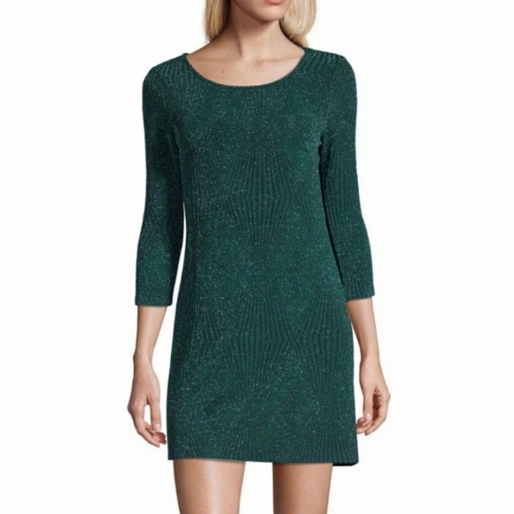Trixxi Hunter Green Sparkly Holiday Party  3/4 Sleeve Dress - Picture 1 of 8